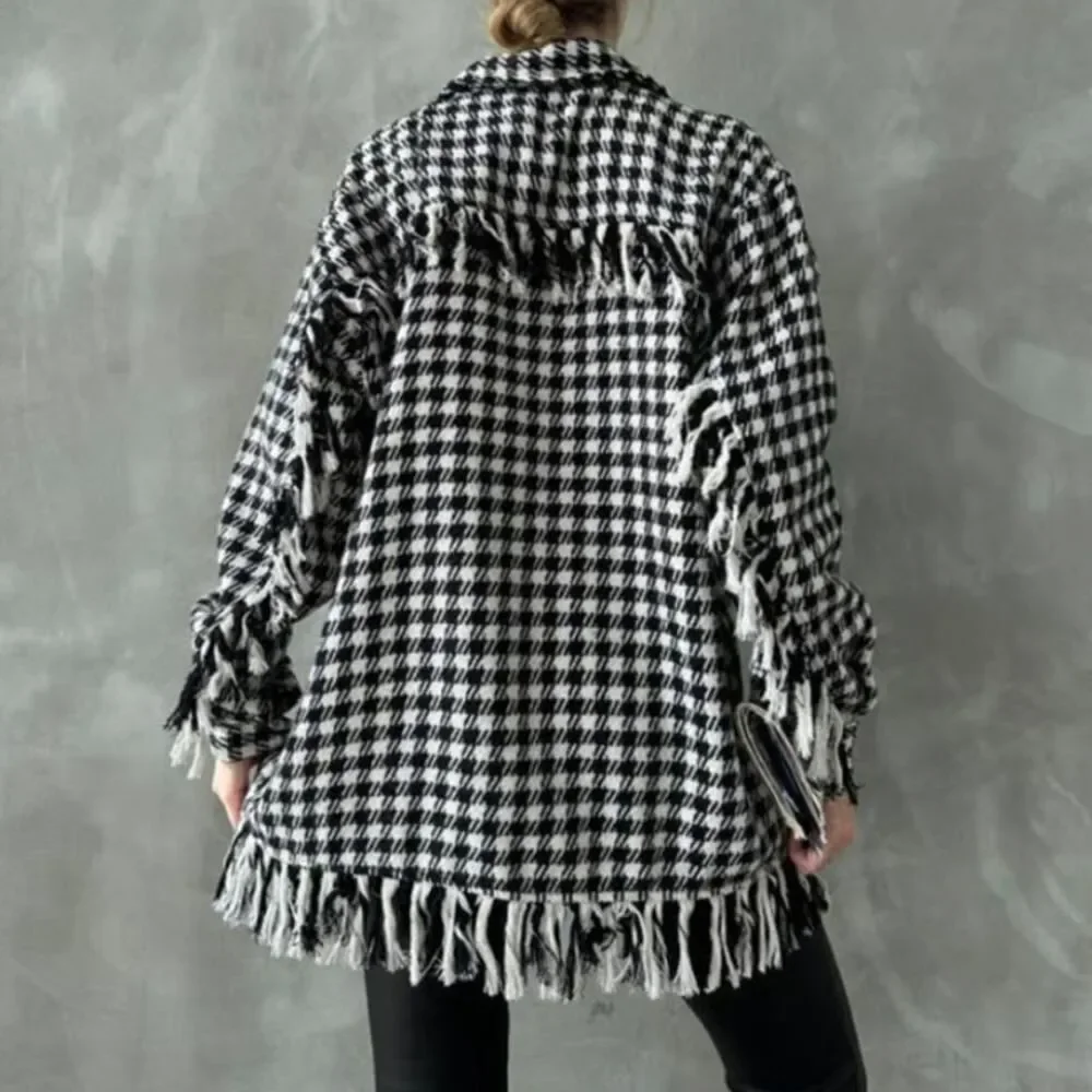 Zara Houndstooth Fringed Overshirt Barn Jacket Oversized Tweed Shacket 4391/737 - Picture 15 of 15